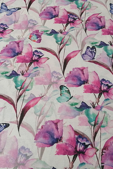 Tessuto decorativo FIORI E FARFALLE CATALEYA VIOLA TURCHESE