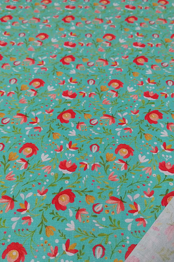 Tessuto di cotone Motivi folk mini turchese