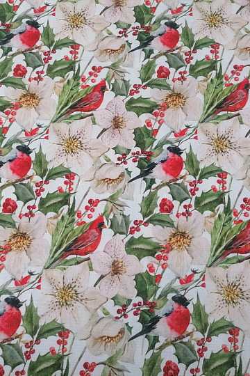 Tessuto decorativo natalizio Agrifoglio con uccellini