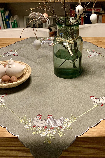Tovaglia e sciarpa pasquale ricamata GALLINA E FIORI grigio