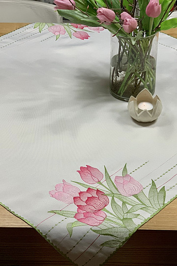 Tovaglia e sciarpa ricamate Tulipani rosa