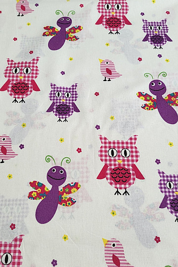 Tessuto decorativo per bambini GUFI E FARFALLE VIOLA