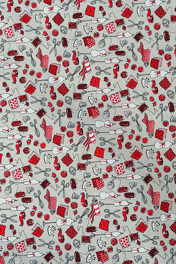 Tessuto in cotone LABORATORIO DI CUCITO rosso