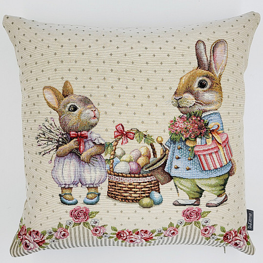 Fodera per cuscino arazzo CONIGLIETTI CON ROSE beige