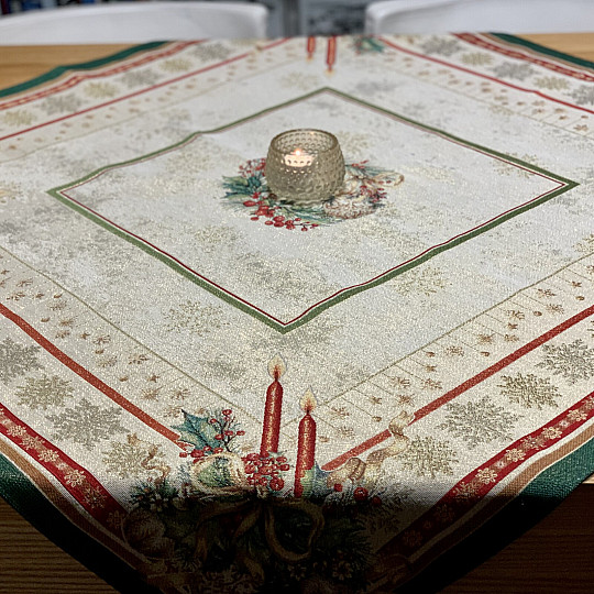 Tovaglia e sciarpa in arazzo con CANDELE FIAMMIFERE e finiture verdi