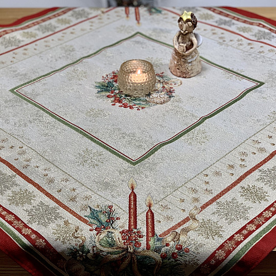 Tovaglia e sciarpa in arazzo con CANDELE FIAMMIFERE e finiture rosse