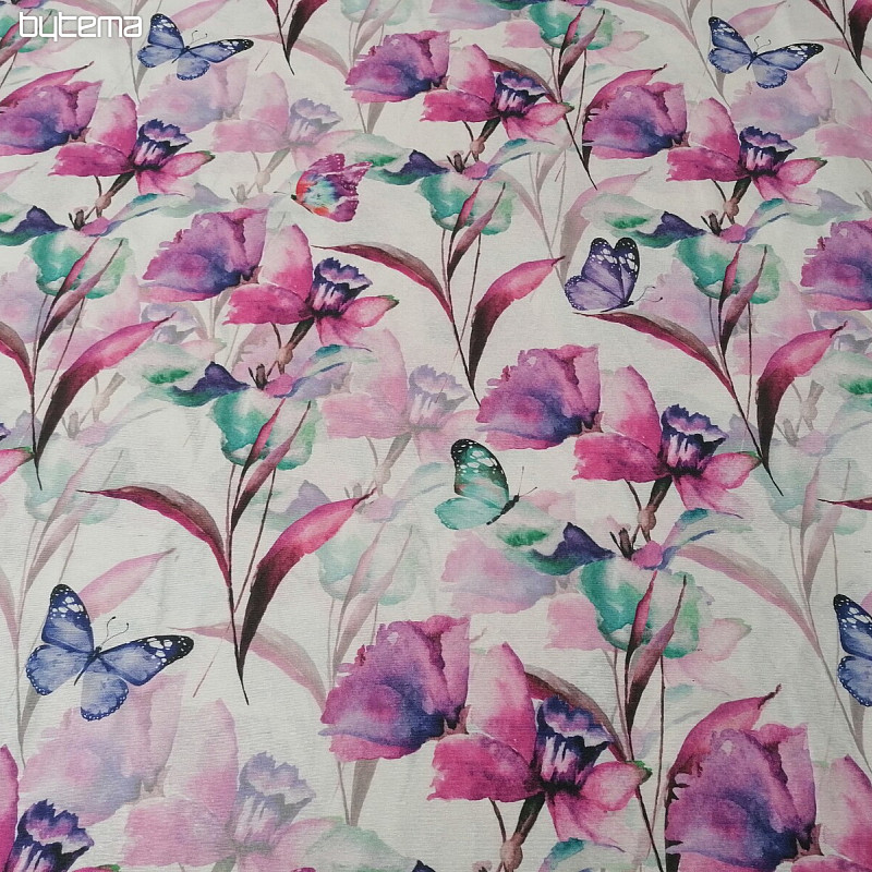 Tessuto decorativo FIORI E FARFALLE CATALEYA VIOLA TURCHESE