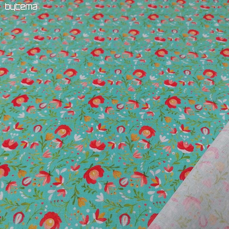 Tessuto di cotone Motivi folk mini turchese
