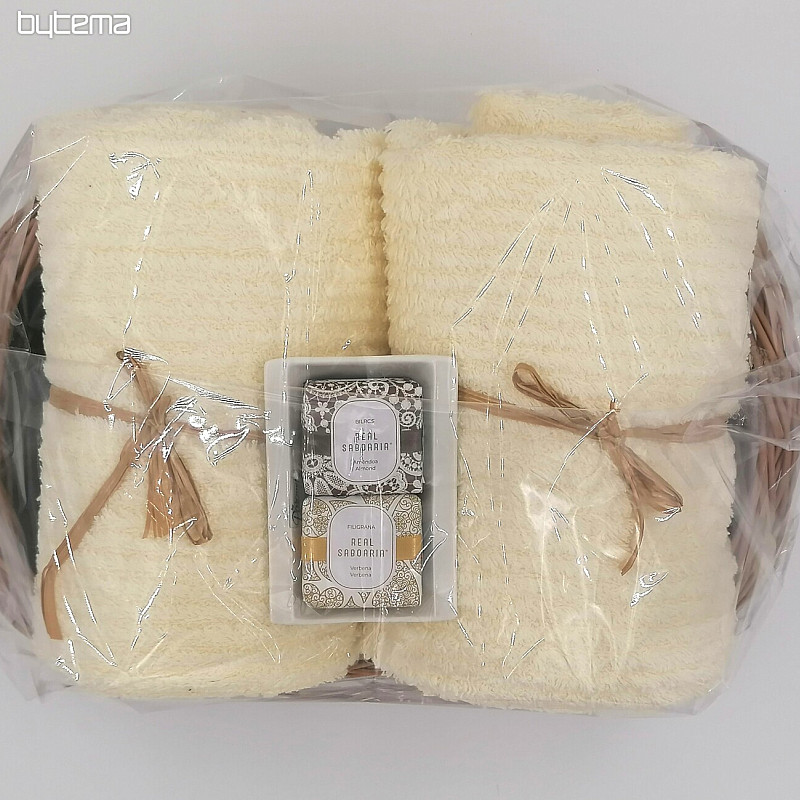 Set regalo asciugamani in vassoio di vimini avvolti nel cellophane - panna
