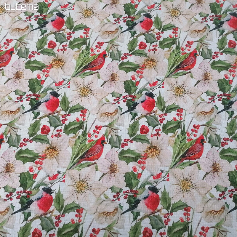 Tessuto decorativo natalizio Agrifoglio con uccellini