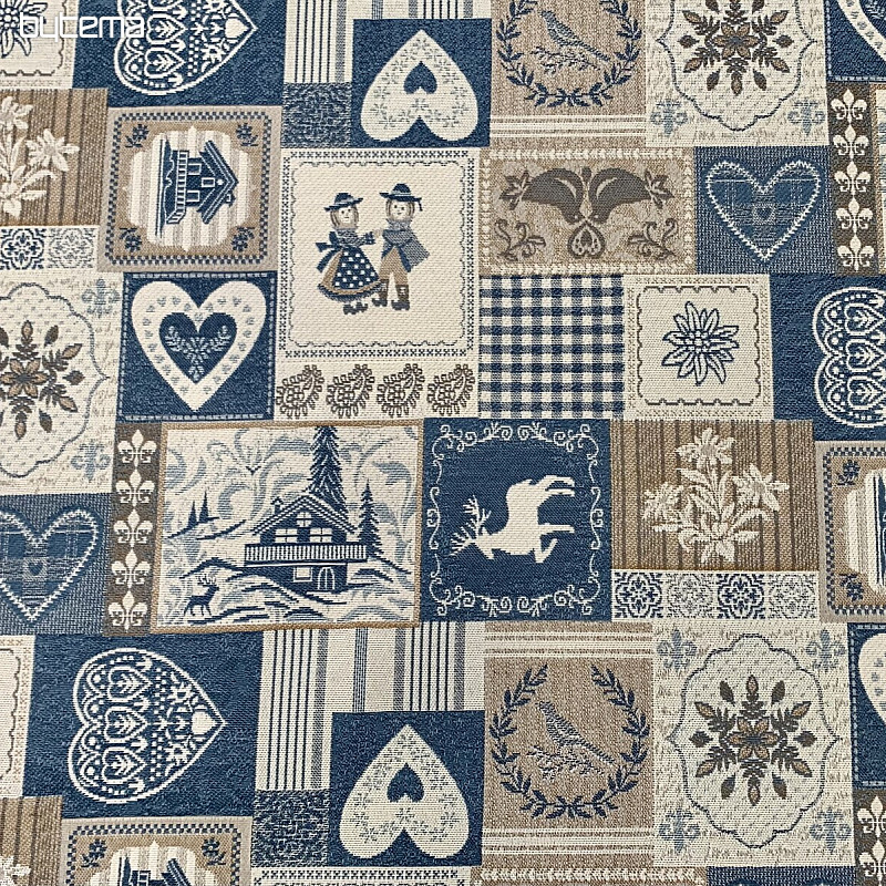 Tessuto decorativo jacquard PATCHWORK HEARTS BLU