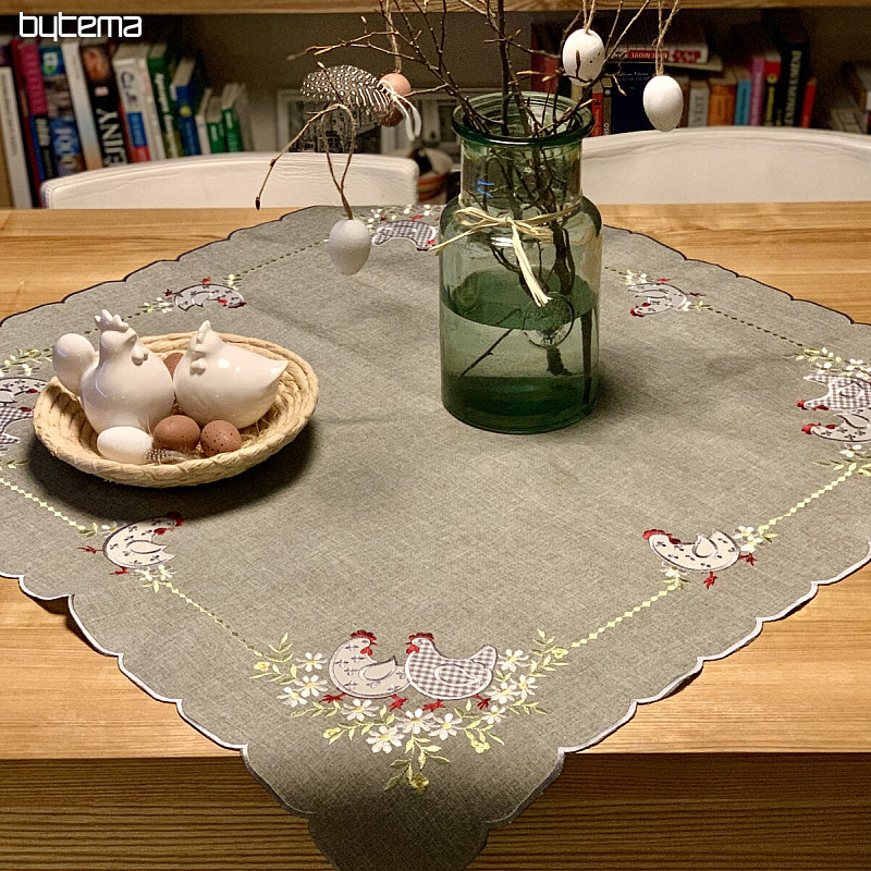 Tovaglia e sciarpa pasquale ricamata GALLINA E FIORI grigio