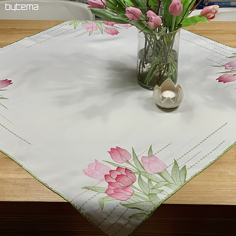 Tovaglia e sciarpa ricamate Tulipani rosa