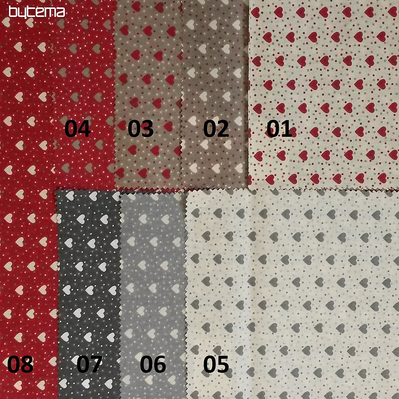 Tessuto in cotone MINI HEART 03 grigio-beige, cuore rosso