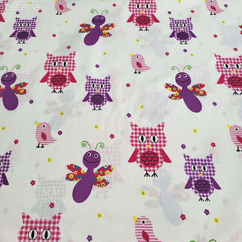 Tessuto decorativo per bambini GUFI E FARFALLE VIOLA