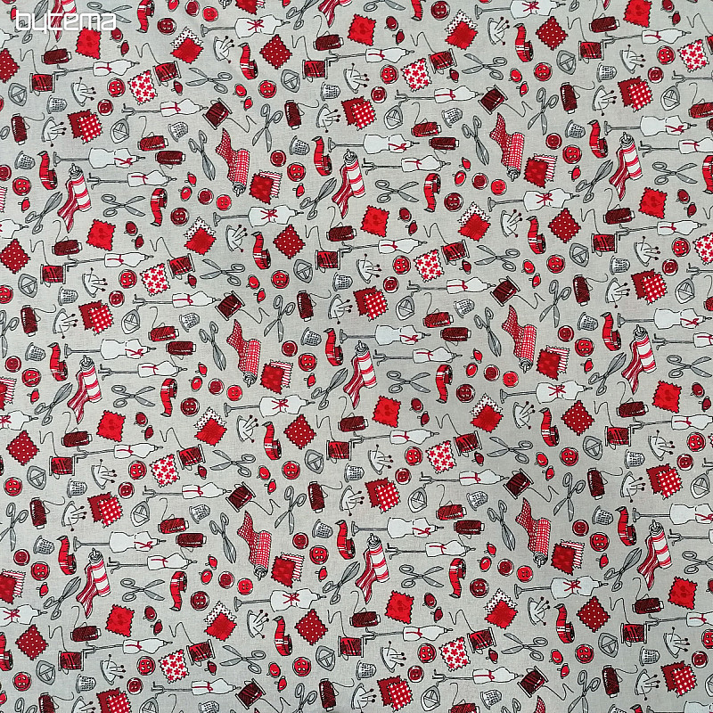 Tessuto in cotone LABORATORIO DI CUCITO rosso
