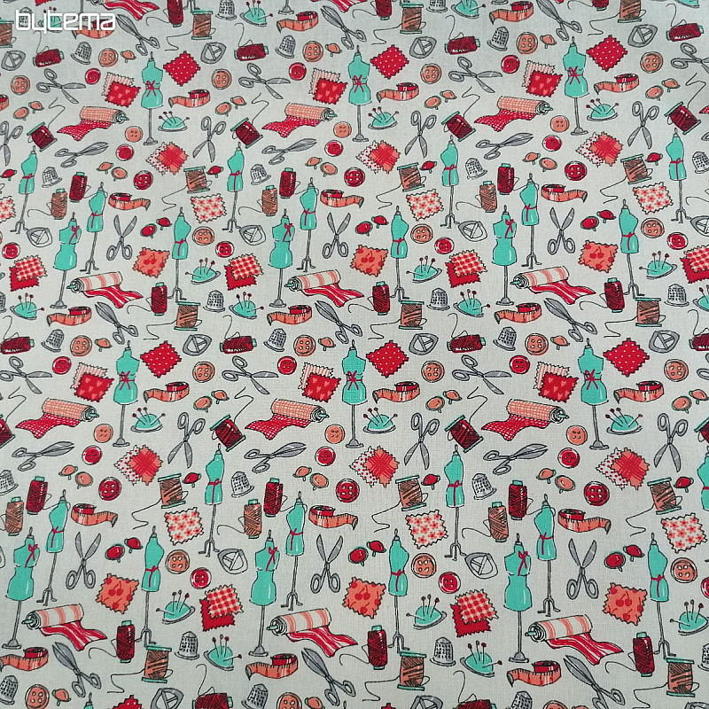 Tessuto di cotone LABORATORIO DI CUCITO turchese-rosso