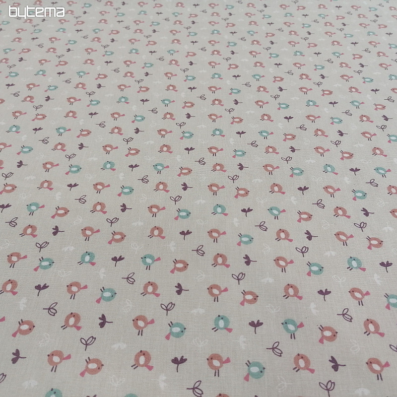 Tessuto di cotone MIOU uccelli beige