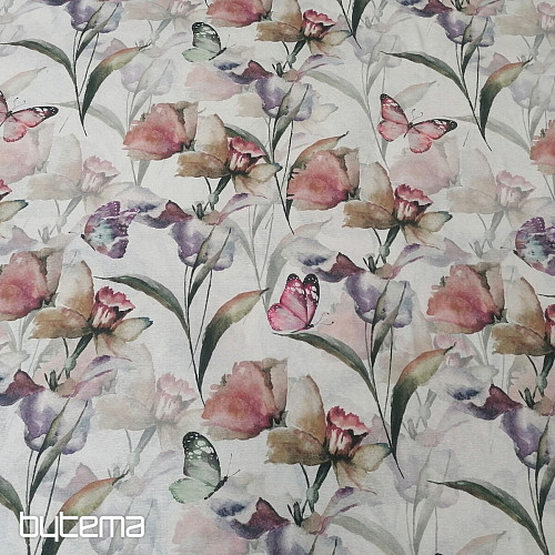 Tessuto decorativo FIORI E FARFALLE CATALYA verde-viola