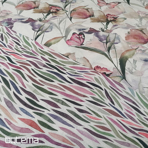 Tessuto decorativo FIORI E FARFALLE CATALYA verde-viola