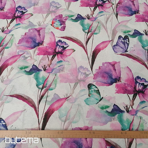 Tessuto decorativo FIORI E FARFALLE CATALEYA VIOLA TURCHESE