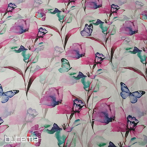 Tessuto decorativo FIORI E FARFALLE CATALEYA VIOLA TURCHESE