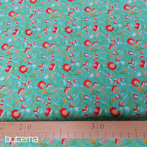 Tessuto di cotone Motivi folk mini turchese