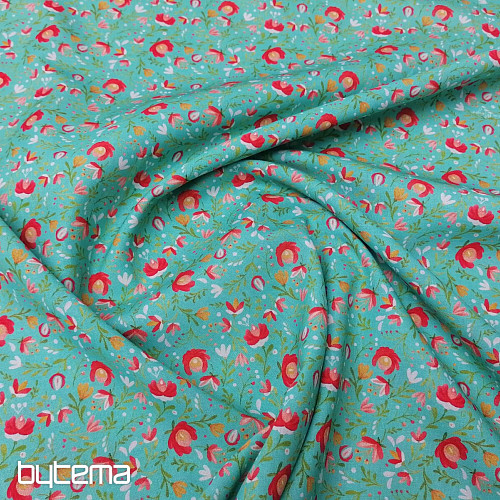 Tessuto di cotone Motivi folk mini turchese