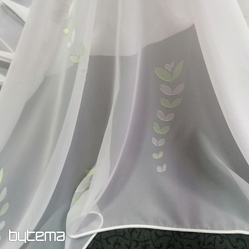 Tenda in voile bianco - foglie verdi 12159