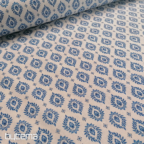 Tessuto di cotone FOGLIE BLU FOLK