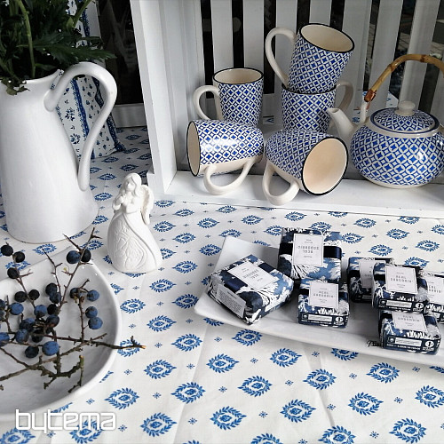 Tessuto di cotone FOGLIE BLU FOLK
