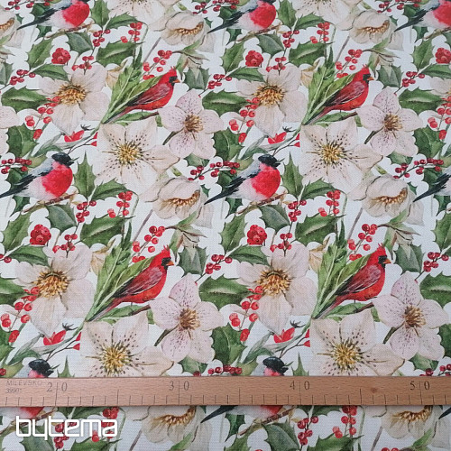 Tessuto decorativo natalizio Agrifoglio con uccellini