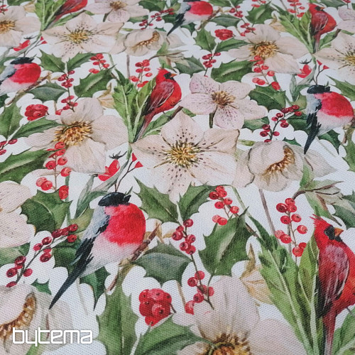 Tessuto decorativo natalizio Agrifoglio con uccellini