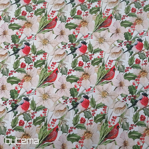 Tessuto decorativo natalizio Agrifoglio con uccellini