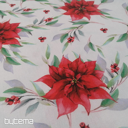 Tessuto decorativo natalizio Poinsettia con foglie