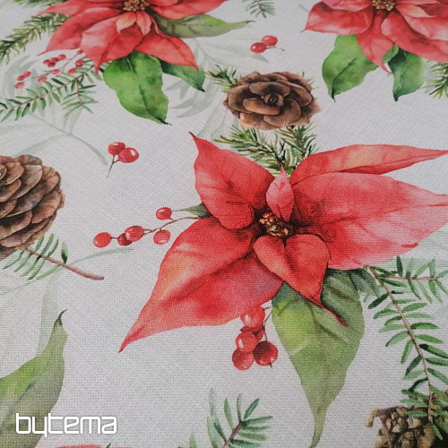 Tessuto decorativo natalizio Stella di Natale e pigne