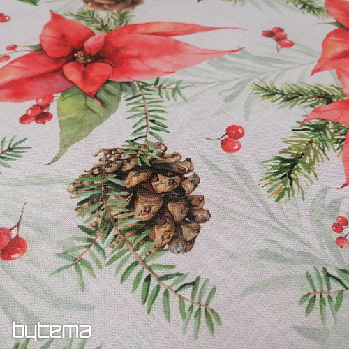 Tessuto decorativo natalizio Stella di Natale e pigne