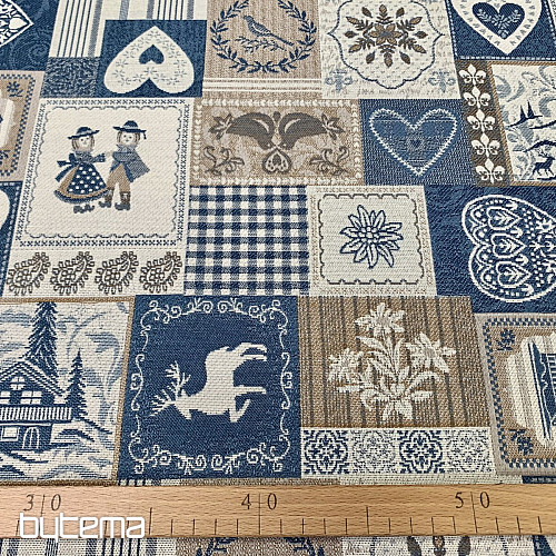 Tessuto decorativo jacquard PATCHWORK HEARTS BLU