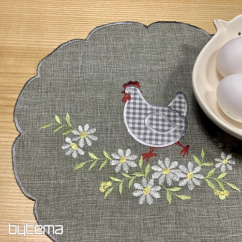 Tovaglia e sciarpa pasquale ricamata GALLINA E FIORI grigio