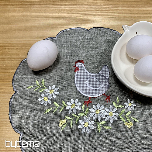 Tovaglia e sciarpa pasquale ricamata GALLINA E FIORI grigio