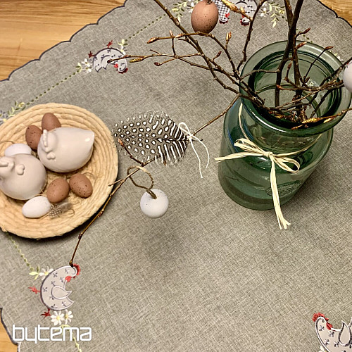 Tovaglia e sciarpa pasquale ricamata GALLINA E FIORI grigio