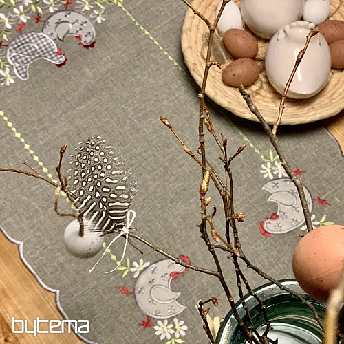 Tovaglia e sciarpa pasquale ricamata GALLINA E FIORI grigio