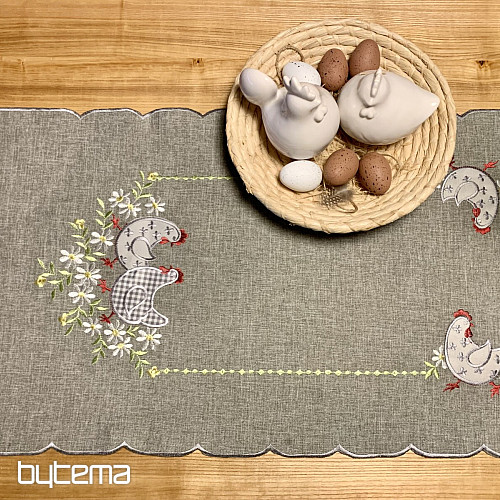 Tovaglia e sciarpa pasquale ricamata GALLINA E FIORI grigio