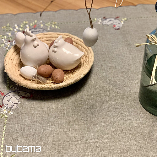 Tovaglia e sciarpa pasquale ricamata GALLINA E FIORI grigio