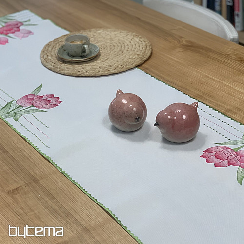 Tovaglia e sciarpa ricamate Tulipani rosa