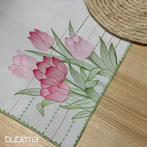 Tovaglia e sciarpa ricamate Tulipani rosa