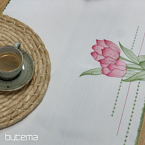 Tovaglia e sciarpa ricamate Tulipani rosa