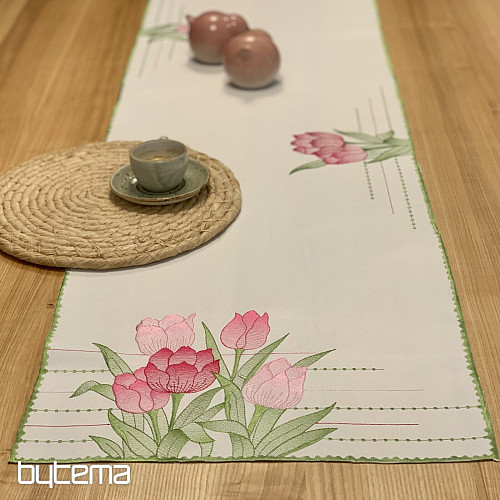 Tovaglia e sciarpa ricamate Tulipani rosa