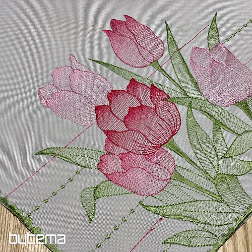 Tovaglia e sciarpa ricamate Tulipani rosa