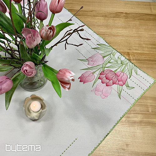 Tovaglia e sciarpa ricamate Tulipani rosa